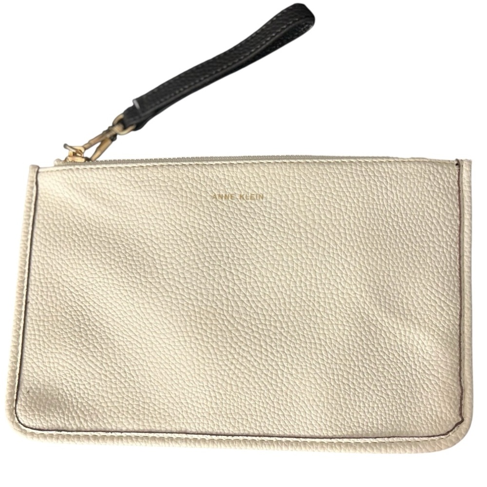 Anne Klein Ivory Cream Wristlet Clutch Textured Zip Pouch Gold Hardware